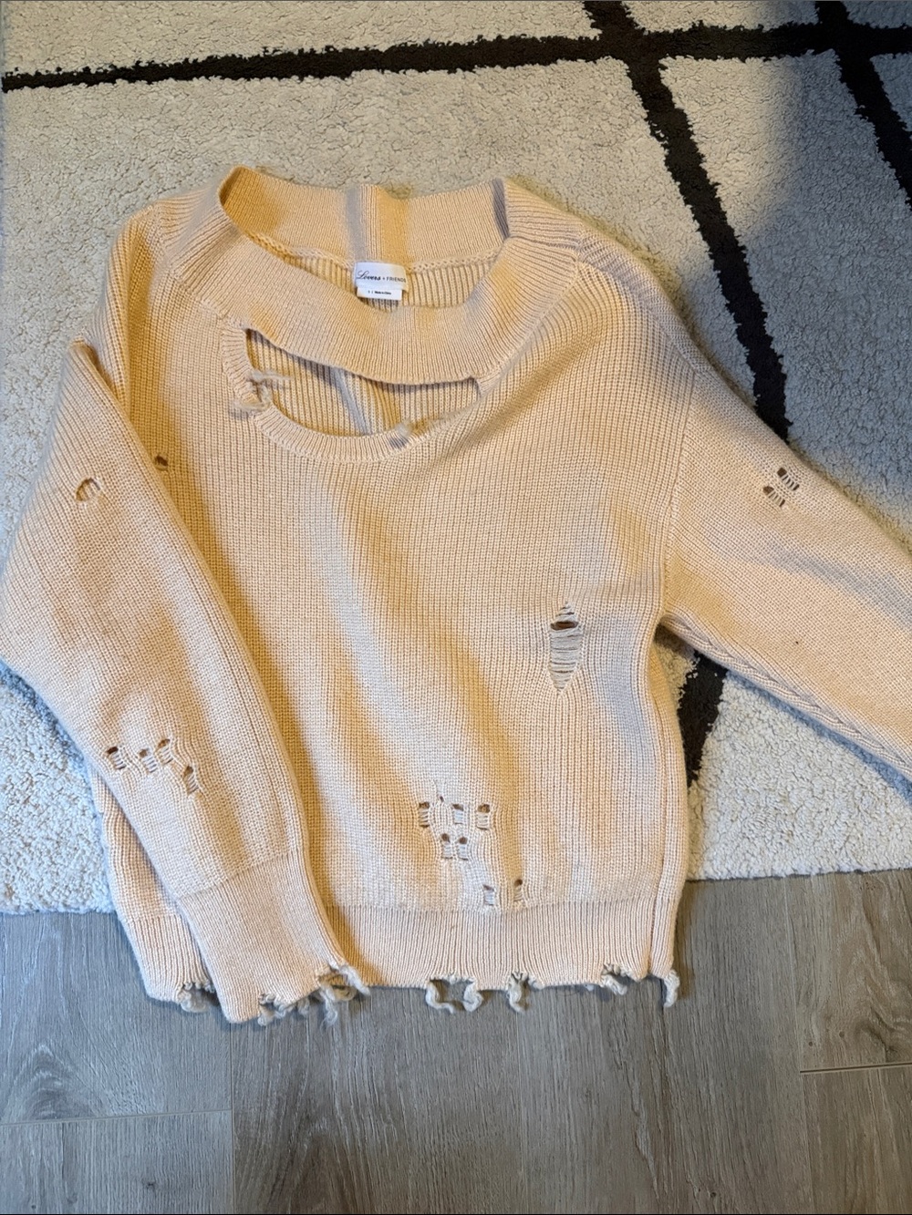 Lovers + Friends Distressed Crewneck Sweater in Pale Beige
